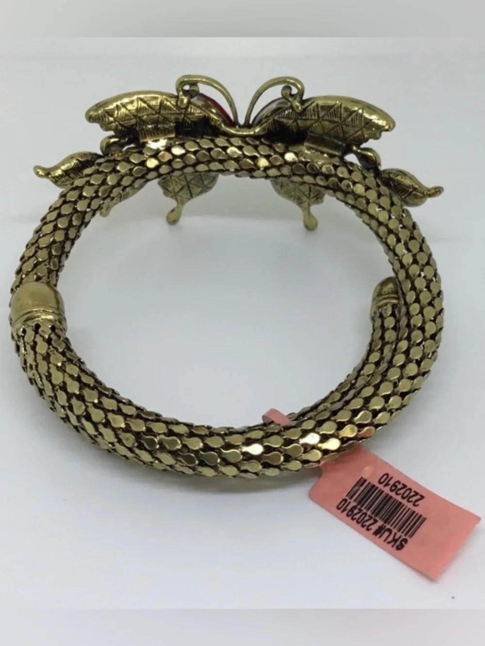 Butterfly statement bracelet gold tone, mesh cuff w red rhinestones new
